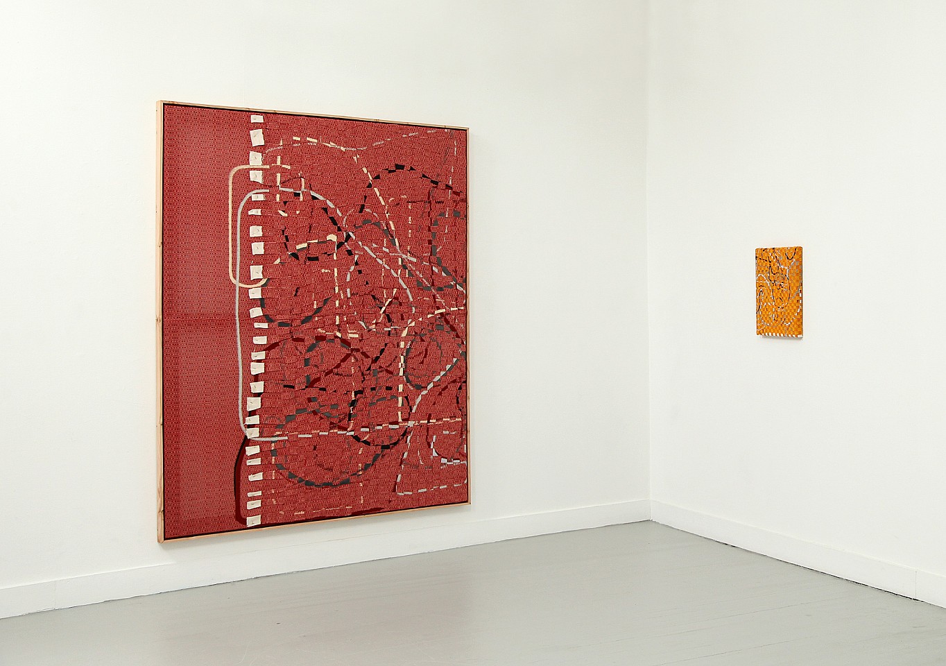 Gabriel Pionkowski
Regarding the Fold (Solo Show Installation Photo), 2014
deconstructed, hand-painted, woven, cut, folded & plaited canvas, red fir, acrylic.t-pins, artists frame, 87 x 70 in.