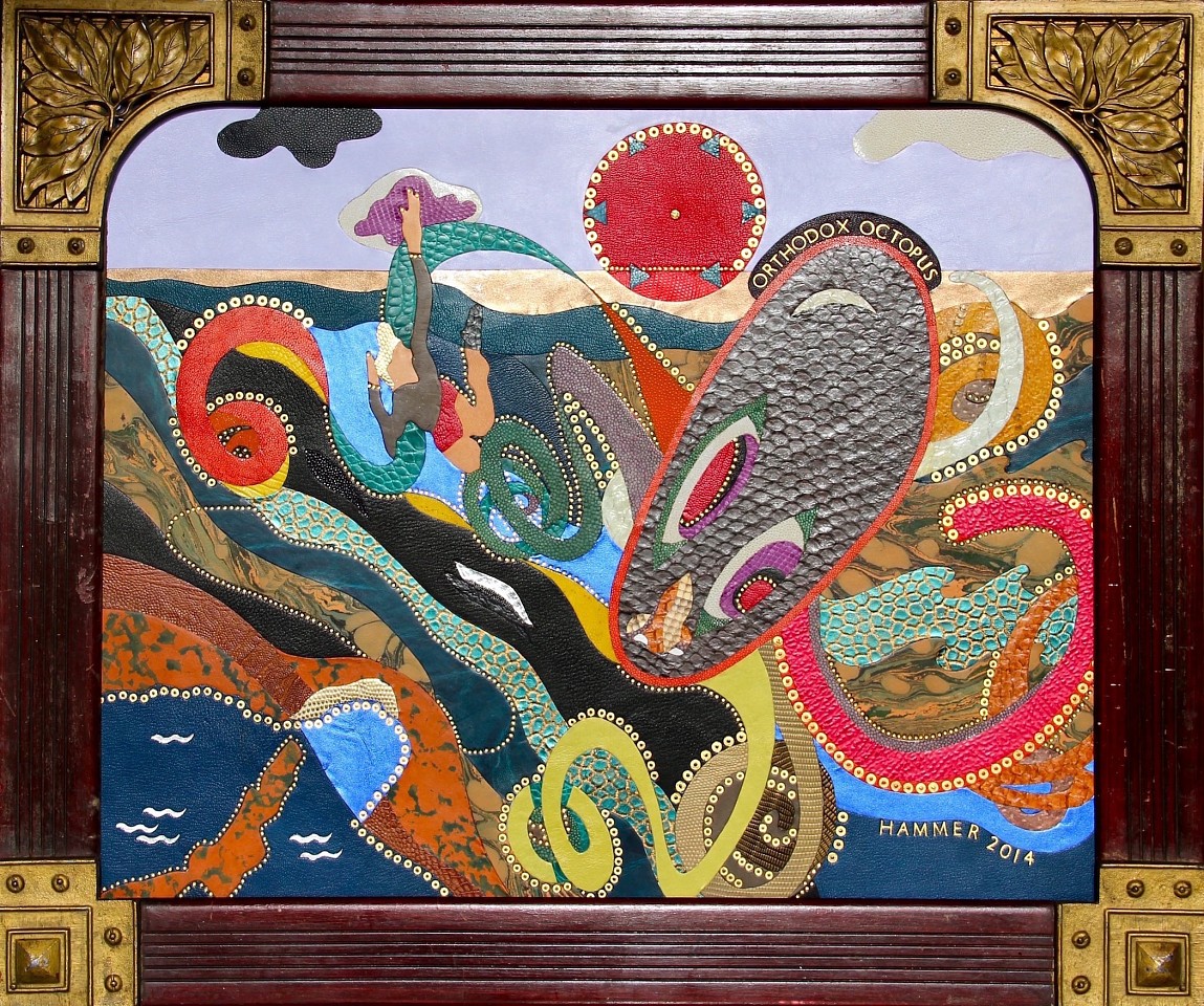 Jonathan Hammer
Orthodox Octopus, 2014
exotic skins and precious metals in artists's frame, 23 x 27 1/2 in.