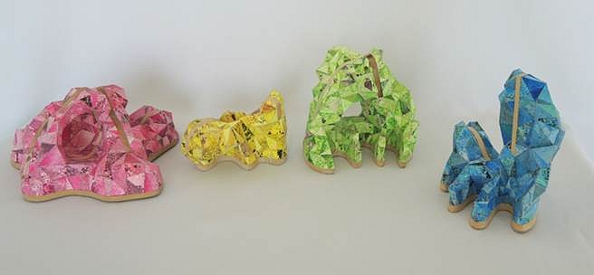 Sophia Allison
Untitled (Small Landscapes), 2015
acrylic and dirt on watercolor paper on wood, pink: 7.25 x 4.5 x 8 inches
yellow: 4.5 x 4 x 3.75 inches
green: 5 x 4.5 x 3.75 inches
blue: 5 x 6 x 3.5 inches