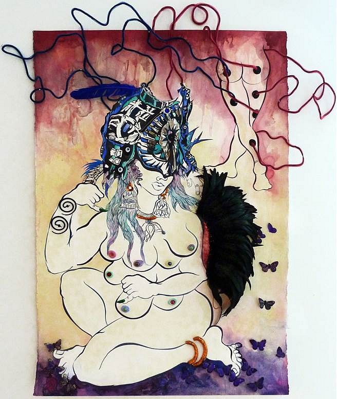 Chitra Ganesh
Three Ways of Looking Death in the Face: Part 1, 2012
mixed media on canvas including ink, pigment, glitter, feathers, butterflies, clay, wire, rubber, 40 x 60 in.