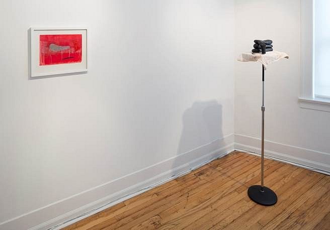 Jim Shrosbree
PFIZZ (ooo) - installation view with Red Drift (acrylic and wire on paper), 2016
ceramic, enamel, cloth, music stand, 57 x 15 x 11 in.