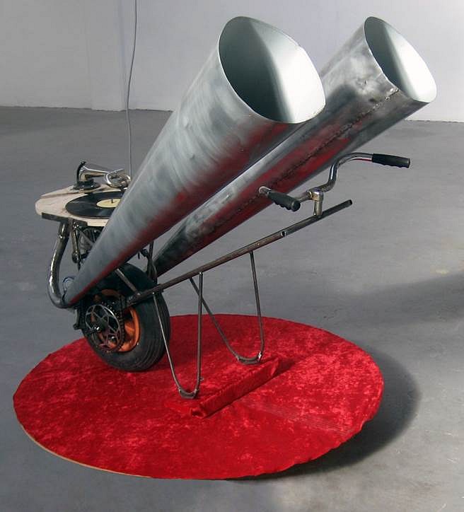 Christy Georg
History Lesson, 2015
steel, machine parts, wood, velvet, vintage roller skates, vinyl record "The Best of the Last 50 Years", 52 x 48 x 44 in.