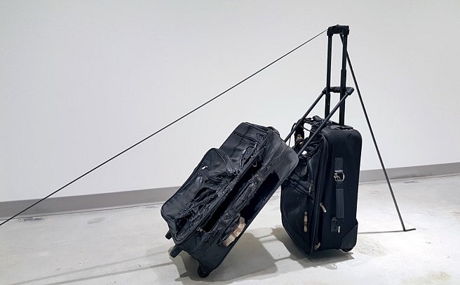 Crystal Z. Campbell
I'll Help You Carry On, 2017
Burnt suitcases, marble, tape, 9 x 4 x 3 feet