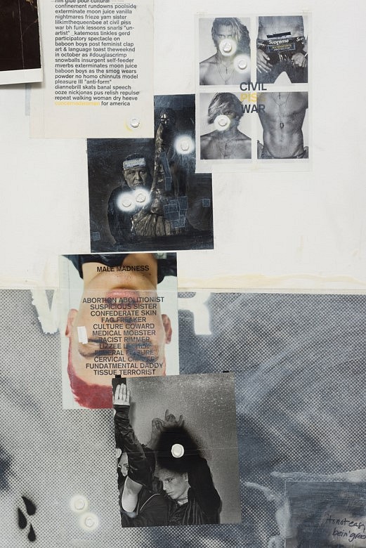 Mark Verabioff
Civil Piss War, 2017
Acrylic on canvas over wooden panels, page tears, vinyl, artist tape, spray paint, undercoating, gum, 96 x 60 x 2 in.