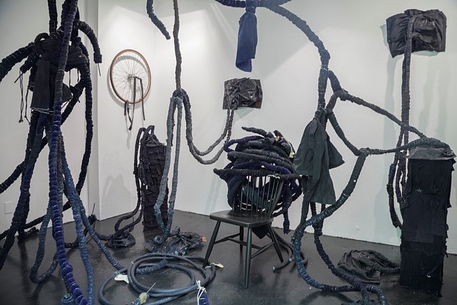 Victoria-Idongesit Udondian
Onile--Gogoro, 2015
fabrics, burlap, bicycle tubes, wire, robes, Variable dimensions
