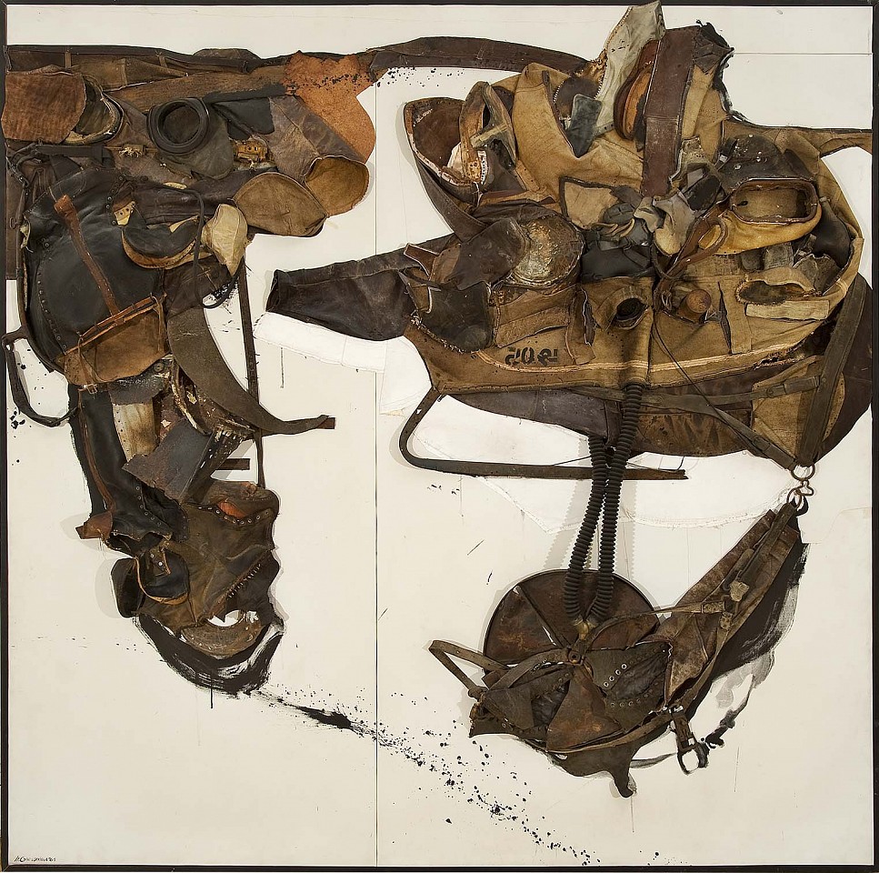 Nancy Grossman
For David Smith, 1965
leather, metal, rubber, fabric and paint assemblage on canvas mounted on plywood, 85 x 85 x 6 3/4 inches Courtesy of Michael Rosenfeld Gallery LLC, New York, NY