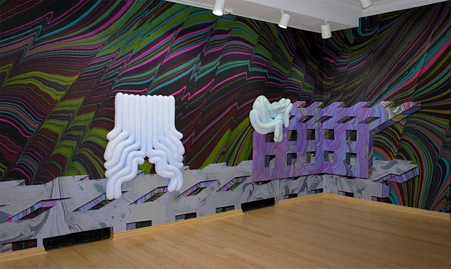 Lauren Clay
Heart Cave (left) and Bappa Lover (right), 2017
Installation view of sculptures with vinyl wall installation