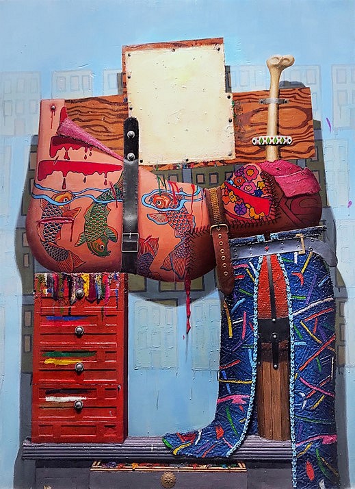 Pio Galbis
Palimpsest, 2018
oil/wood & fabric, leather, grommets, belt buckle, costume jewelry, screw heads, 64 x 48 in.