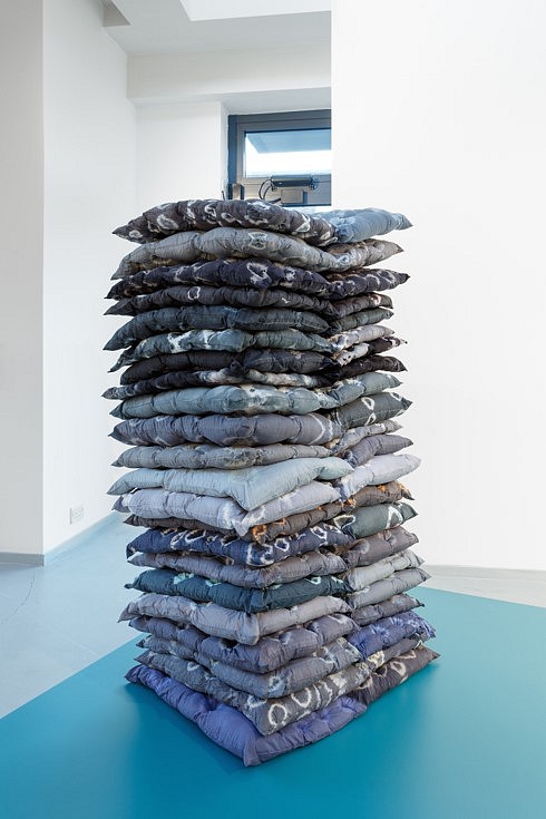 Veronica Ryan
Grey Matter, Flooring, 2017
vinyl flooring (teal), grey hand-stitched pillows, embroidery needles, thread, 3400 x 2000 mm
Cushion height approx. 620mm