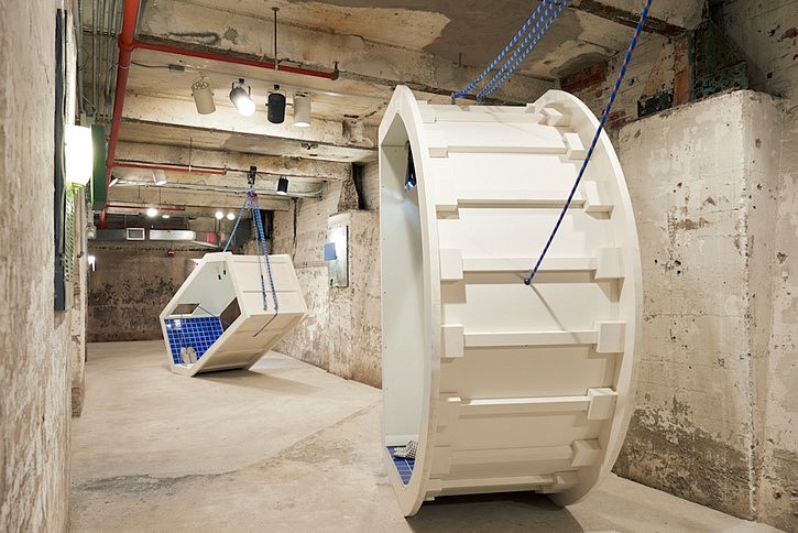 Aki Sasamoto
D-Washroom, Hex-Washroom, 2016
wood, ceramic tiles, cement board, aluminum edges, vent, rope, double pulley, carabiner, headlamp, copper pipe, cooking utensils, magnets, 90 x 60 x 36 in.