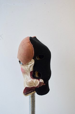 Natalie Ball
Pussy Hat, 2018
balaclava, leather boxing gloves, Hudson's Bay Co. Trade Blanket toilet paper rolls, sinew thread, blush, human hair, abalone shells, galvanized pipe with floor flange, head: 14 x 7.5 x 5.5 inchesgalvanized pipe: 5 ft. x 1.25 inches x 1 inchfloor flange: 1.25 inches