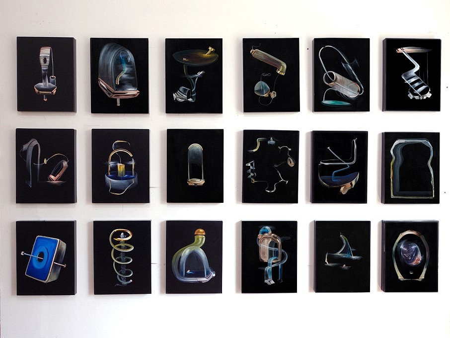 Carolina Fusilier
From the series New Kind of Sun, 2017
oil and collage on canvas with acrylic frames, 18 paintings 35cm x 40cm each