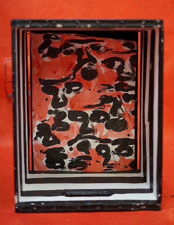 Henrietta Mantooth
The Box: Solitary Confinement, 2017
acrylic on paper and wooden milk crate with red Tyvek backing, 21 x 14 1/2 in.