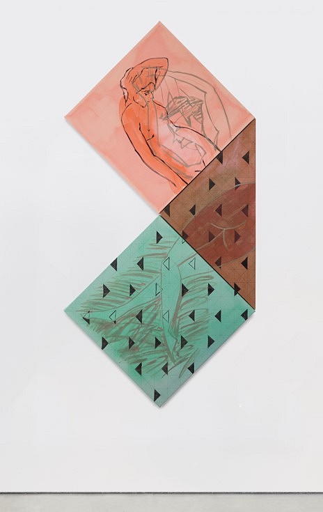 Ana Cardoso
Recto-Verso (Fold)  (triptych), 2017
acrylic on unprimed cotton and linen, 88 x 44 inches overall
Two square canvases: 31 x 31 inches; one triangular canvas 31 x 31 x 44 inches