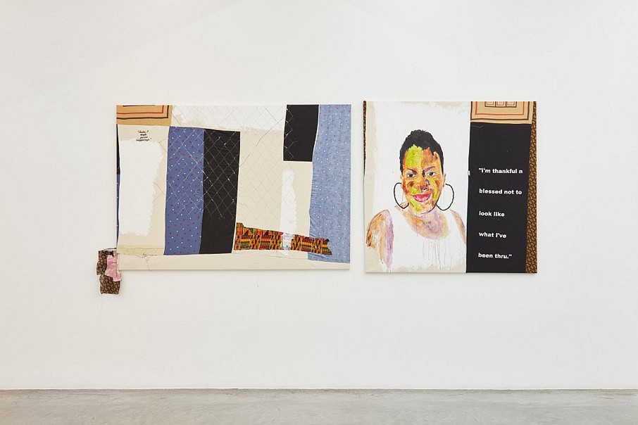 T.J. Dedeaux-Norris
Tameka, I thought you were Bougie - Kim, 2016
fabric, acrylic paint, embroidery, iron on letters, 48 x 88 inches and 55 x 50 inches