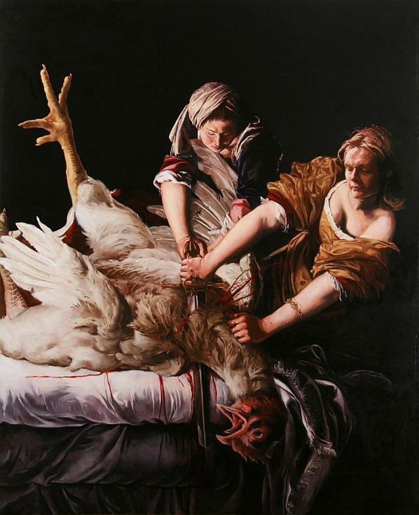 Kathleen Gilje
Self Portrait Slaying a Rooster after Artemisla Gentileschi's Judith Slaying Holofernes, 2012
oil on linen, 79 1/2 x 65 1/4 in.