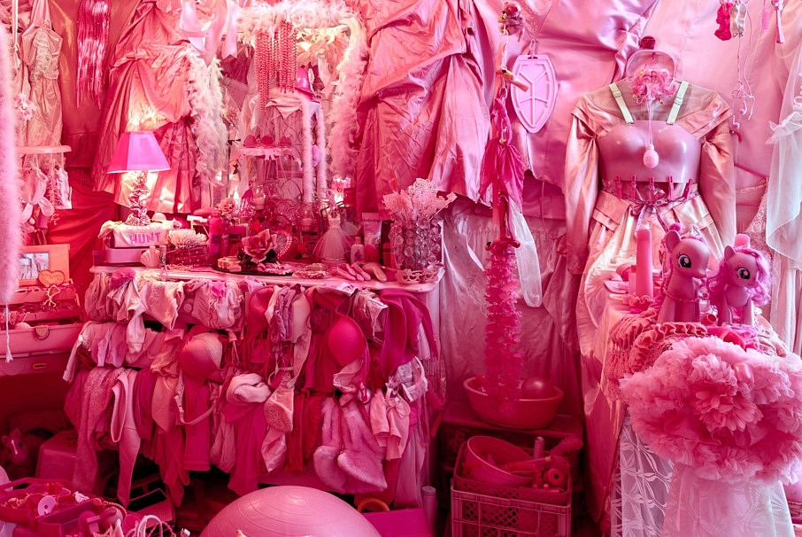 Portia Munson
Pink Project: Bedroom, detail (installation at Flag Art Foundation, NYC), 2018
mixed media installation, found pink plastic objects, synthetic clothing & furniture, 8 feet high x 16 feet wide x 20 feet deep