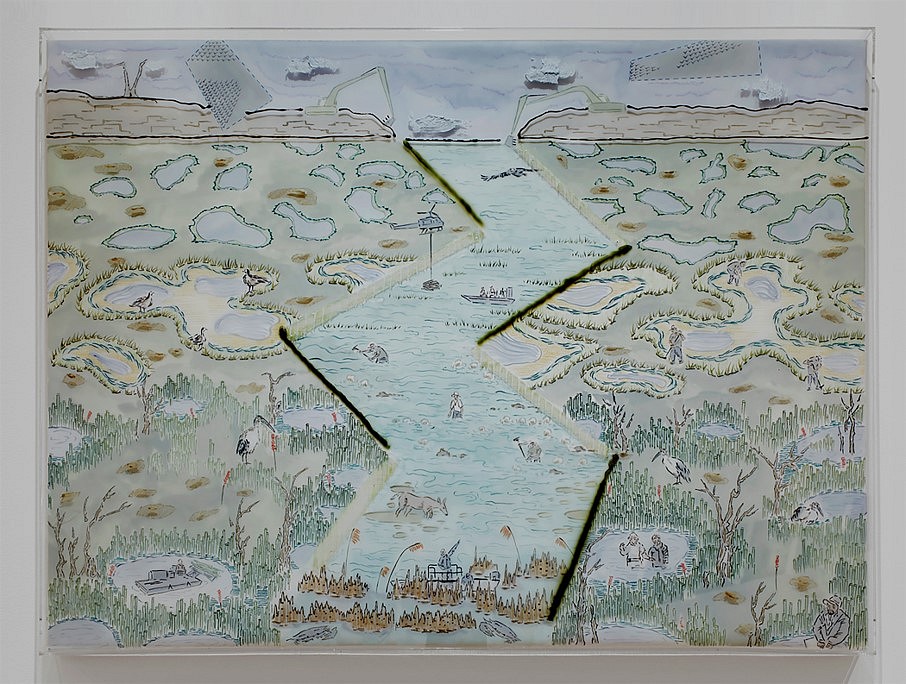 Kunlin He
Marshland Restoration A, 2019
acrylic and ink drawing on three difference layers (bottom: muslin, middle: mylar, top: acrylic sheet, 30 x 40 in.
