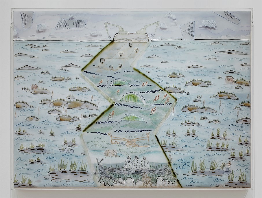 Kunlin He
Marshland Restoration B, 2019
acrylic and ink drawing on three difference layers (bottom: muslin, middle: mylar, top: acrylic sheet, 30 x 40 in.