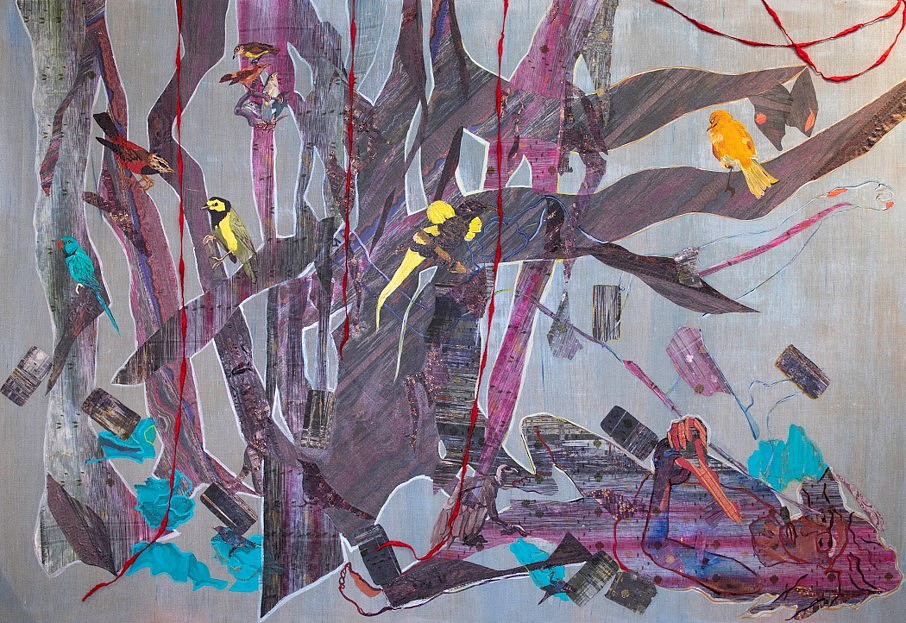 Ranu Mukherjee
Crowded Dreams, 2019
UV inkjet print, silk, cotton, yarn and pigment on linen, 66 x 96 in.