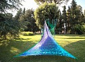 Bettina Allamoda, Outdoor Wrap
2018, irredescent polyester-jumbo-sequin-Spandex mesh, pigment, lacquered metal
