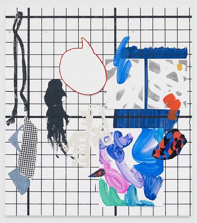 Melissa Gordon
Une Femme Pendue (Female Readymade: Scarves, Speech Bubble, Digital Erasures, Test Painting), 2019
acrylic, silkscreen, flasche,marble dust, chalk on canvas, 180 x 200 cm