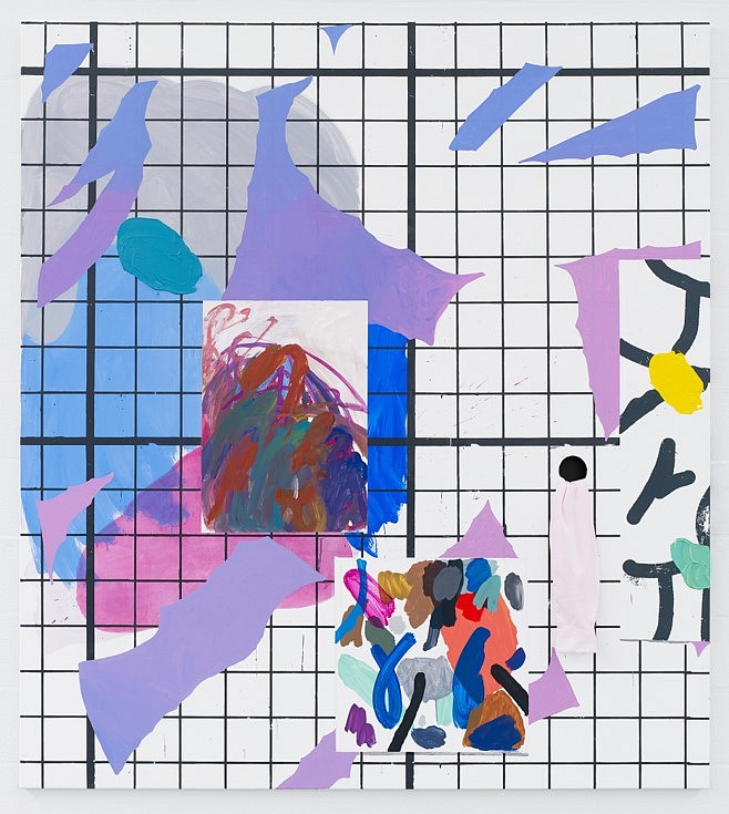 Melissa Gordon
Une Femme Pendue (Female Readymade: Mabel’s Painting, Intestines, Test Painting, Large Digital Erasure, Sleeve and Hole), 2019
acrylic, silkscreen, flasche,marble dust, hole and sleeve on canvas, 180 x 200 cm