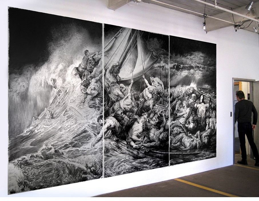 Rick Shaefer
Water Crossing (in studio), 2015
triptych, charcoal on syn. vellum mounted on wood panels, 96 x 165 in.