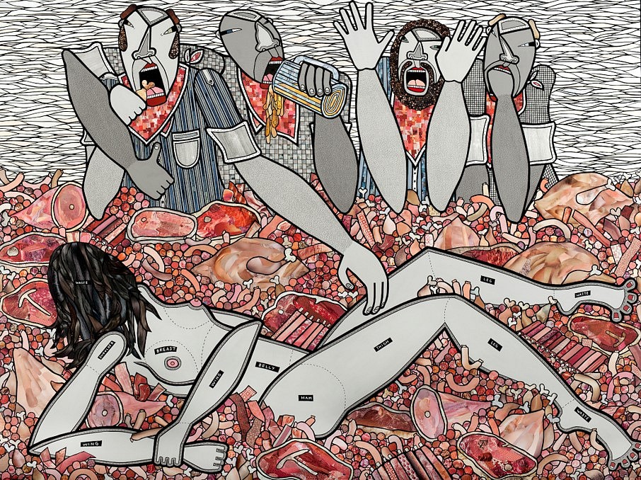 Anna U. Davis
Shark-cuteri, 2016
acrylic, ink pen, and paper collage on canvas, 72 x 96 in.