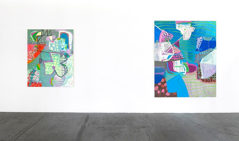 Linda Geary
Intervention/Underwater (installation view), 2020
acrylic and oil on canvas, L: 60 x 48 inches and R: 80 x 65 inches