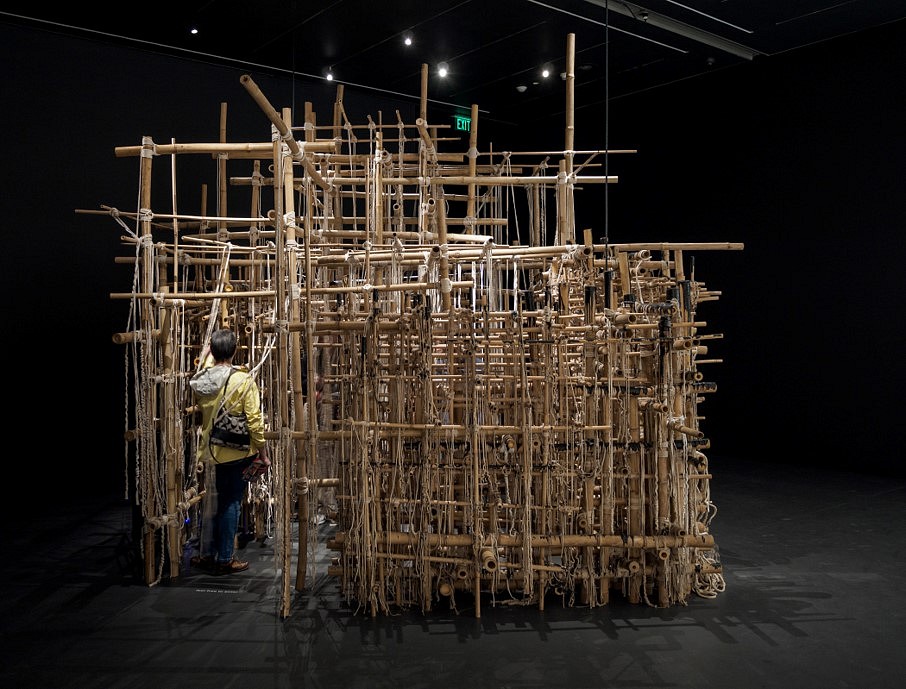 Asim Waqif
Venu, 2016
Bamboo, rope, tar and interactive electronics, 16 x 14 x 12 feet
For Megacities Asia at the Museum of Fine Arts, Boston