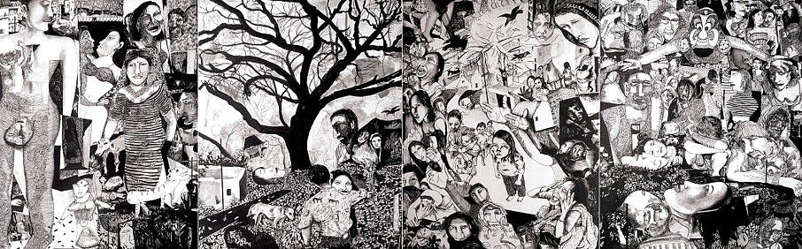 Askok Kumar Gopalan
The Voyage through Neo World (Quadriptych), 2018
pen and ink on paper, 88 x 30 in.