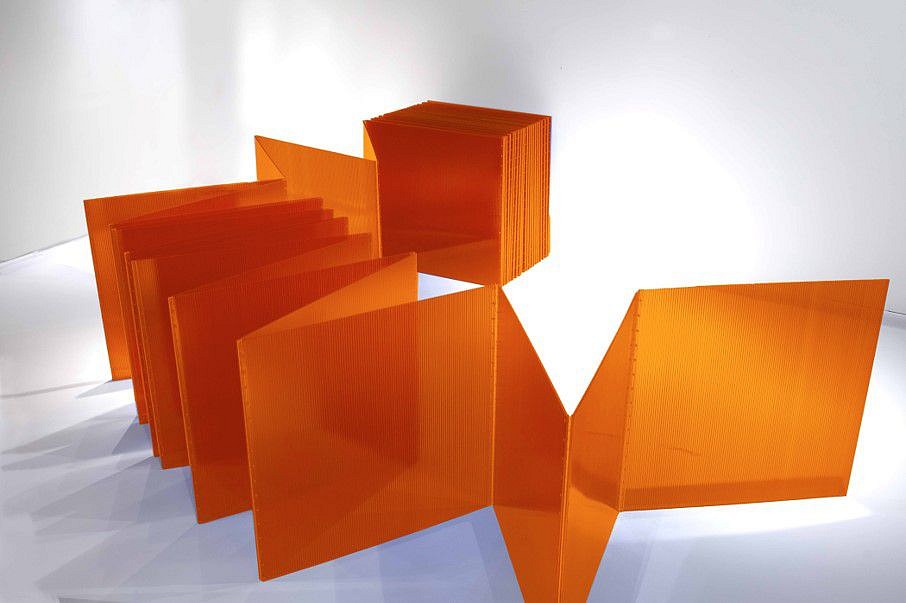 Marta Chilindron
Orange Cube 48, 2014
orange twin-wall polycarbonate and hinges, 4 x 4 x 4 feet (variable dimensions)
Installation at ‘Encounters’ Art Basel Hong Kong, 2014
