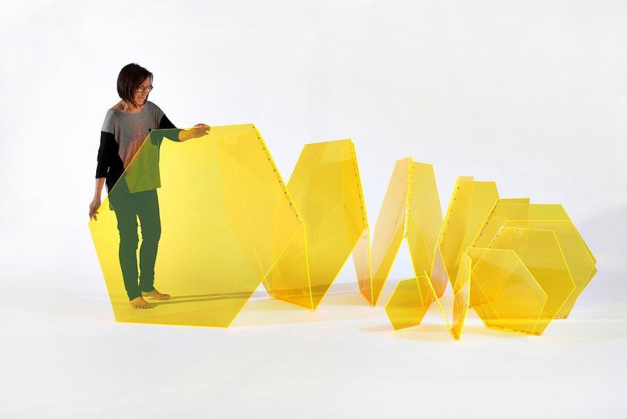 Marta Chilindron
Hex Spiral, 2013
transparent fluorescent yellow acrylic, and hinges, 48 x 110 x 90 inches (variable dimensions)