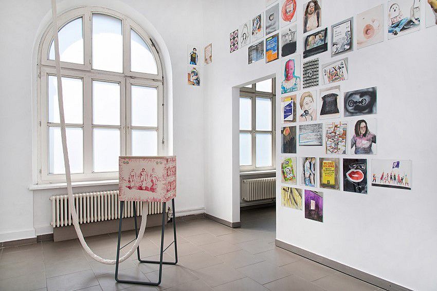 Kerstin Drechsel
I â™¥Á¸ FEMINISM (installation view at Haus am Kleistpark, Berlin), 2012+
watercolour on paper, glass plates, This is a work-in-progress project, started in 2012
about 60 sheets between 11.69 x 8.27 inches and 15.75 x 11.81 inches