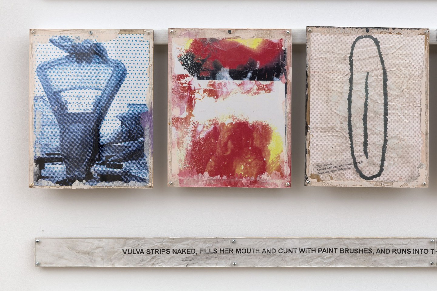 Carolee Schneemann
Vulva's Morphia (detail), 1995
36 framed images on slats with text, floor fans, 72 x 96 x 36 in.