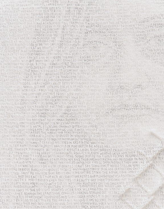 Ben Durham
Betty (text) - detail, 2019
graphite text on handmade paper and steel chain-link fence, 37 x 28 in.