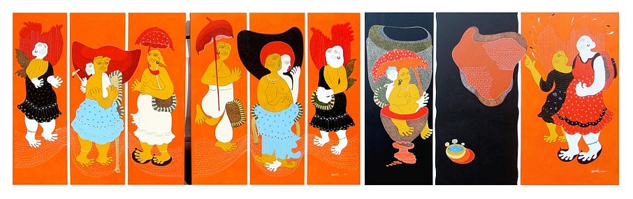 Satya Dheer Singh
Planning for a Journey, 2015
acrylic and ink on canvas, 48 x 168 inches (triptych)