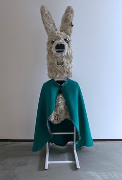 Sue de Beer
Untitled, 2023
plaster, synthetic fur, plywood, paint, fabric, bells, 4'6"" x 2'6"" x 2'