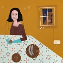 Thordis Adalsteinsdottir, Woman holding strawberries sits at a table
2022, acrylic on canvas