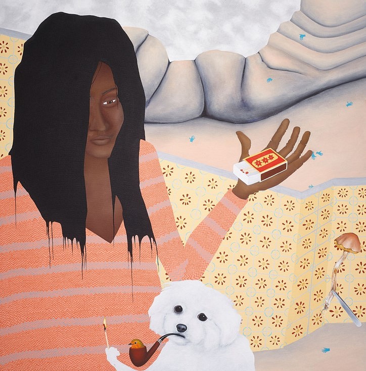 Thordis Adalsteinsdottir
Leah with matches, Mia smokes bird, 2023
acrylic on canvas, 31 x 31 in.