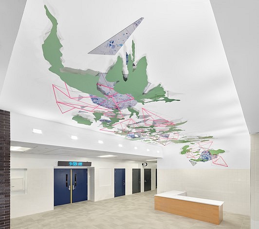 Valerie Britton
The Blue-Sky Line, 2023
UV printed aluminum composite, powder coated aluminum sheet, and aluminum rods, 159 1/2 x 348 x 9 in.