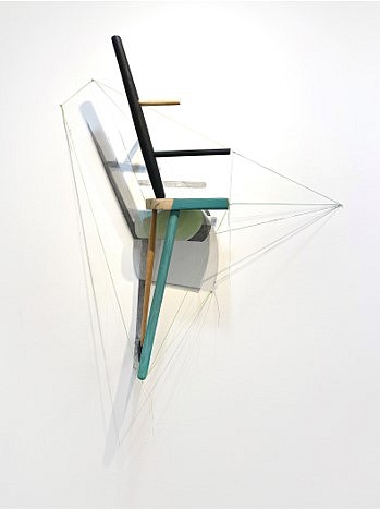 Sheila Ghidini
That which is not and that which is, 2024
reconfigured found wood chair, thread and map pins, graphite, and chalk wall drawing, 4.5 feet x 5 feet x 3 feet
