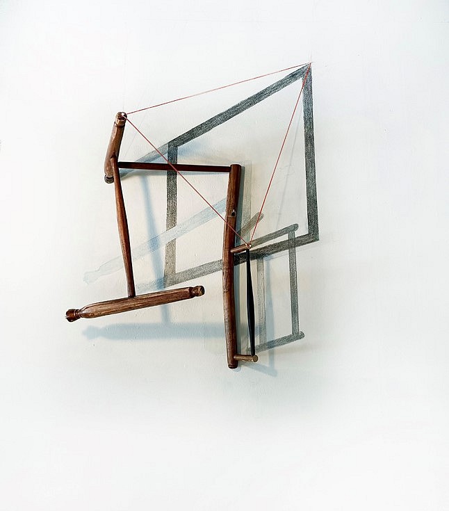 Sheila Ghidini
Reconfigured, 2023
reconfigured wood chair, thread and map pins, graphite, and chalk wall drawing, 4 feet x 3 feet x 2 feet