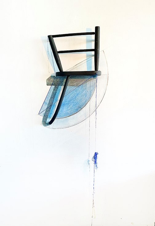Sheila Ghidini
Snarled, 2023
reconfigured wood chair, thread and map pins, graphite, and chalk wall drawing, 5 feet x 3 feet x 2 feet