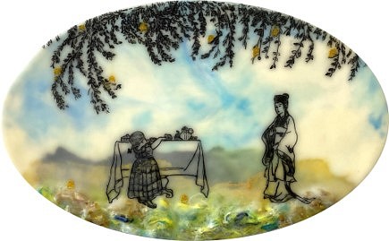 Cecile Chong
Self Service, 2021
encaustic and mixed media (powder pigments, volcanic ash, rice paper, circuit board material, beads) on wood panel, 9 x 14 inches, oval