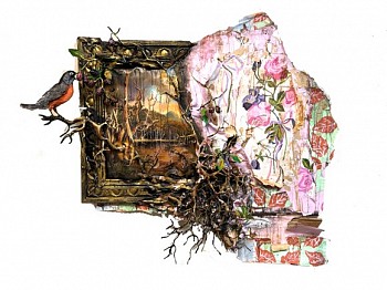 Valerie Hegarty -&nbsp;Lake With Dead Trees (Catskill), with blackberries, robin, and my mother's wallpaper